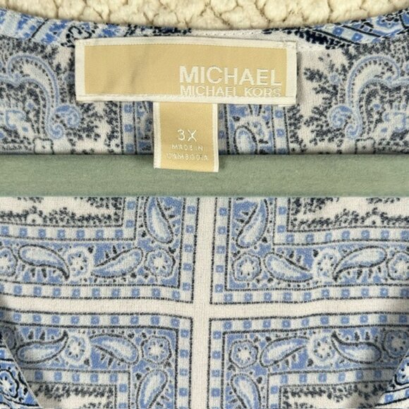 Michael Kors 3-Ring Flutter Top, Blue and White Florals, Size 3X - Picture 3 of 8